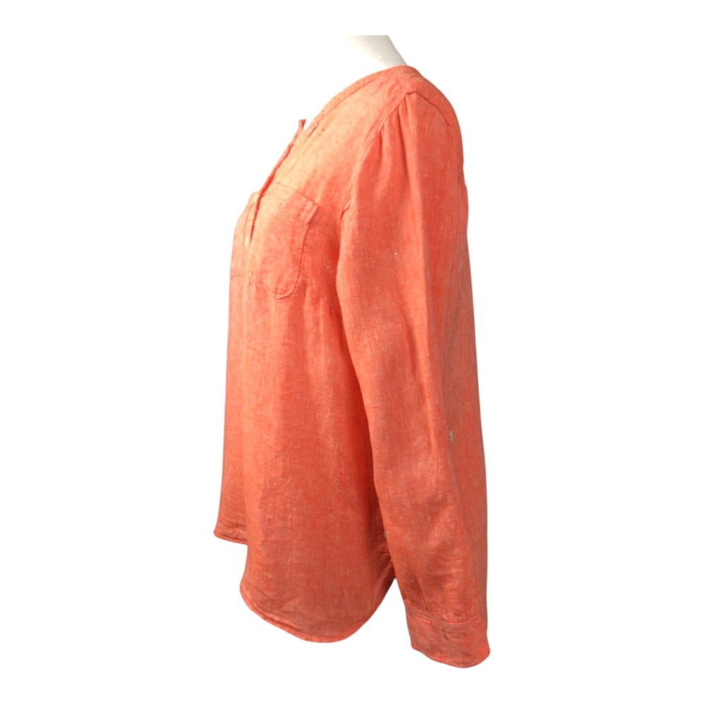 Talbots 100% Linen Tunic Blouse Orange Roll Tab Sleeve Sz MP Side Button Details - Picture 3 of 9